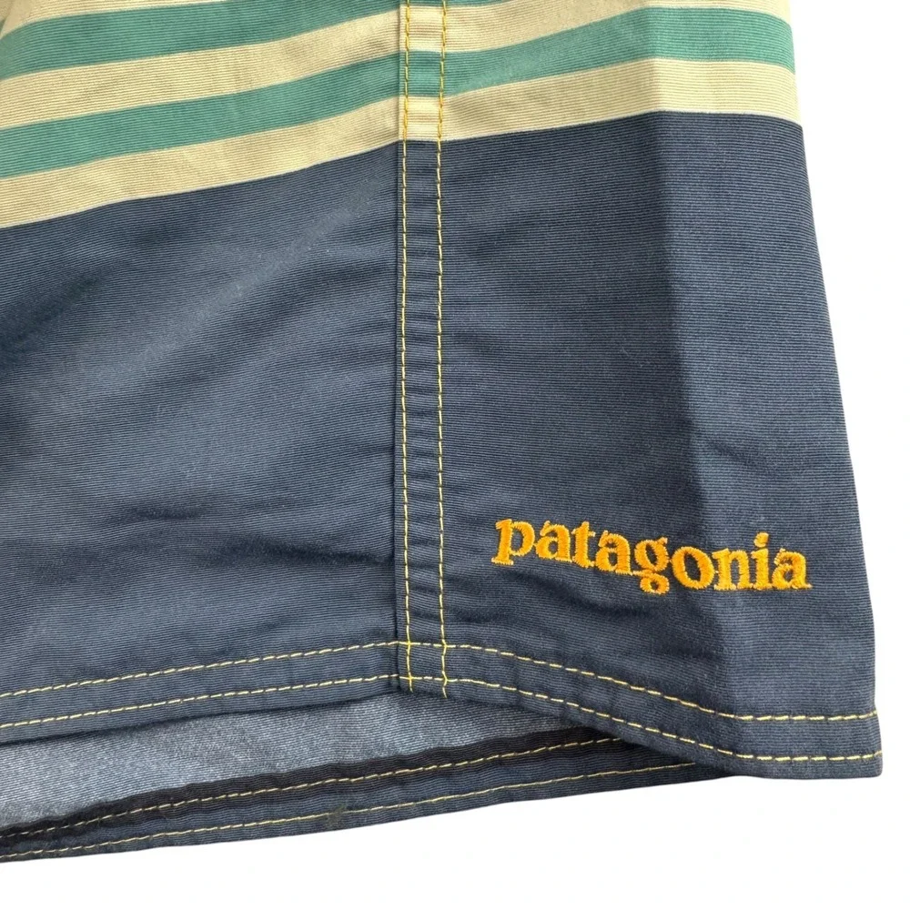 Patagonia Mens 31 Board Shorts Multi Color Striped Nylon Swim Trunks Navy Yellow
